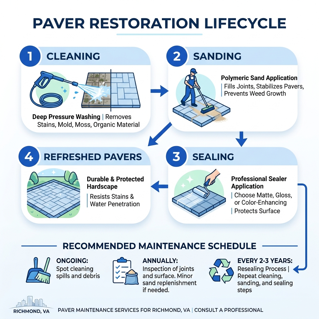 Paver restoration lifecycle infographic showing cleaning, sanding, sealing, and maintenance schedule - paver sealing Paver restoration lifecycle infographic showing cleaning, sanding, sealing, and maintenance schedule - paver sealing