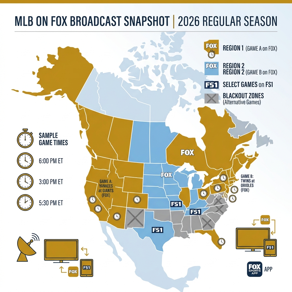 MLB on FOX broadcast schedule infographic showing game times, channels, and blackout zones by region - baseball on tv today