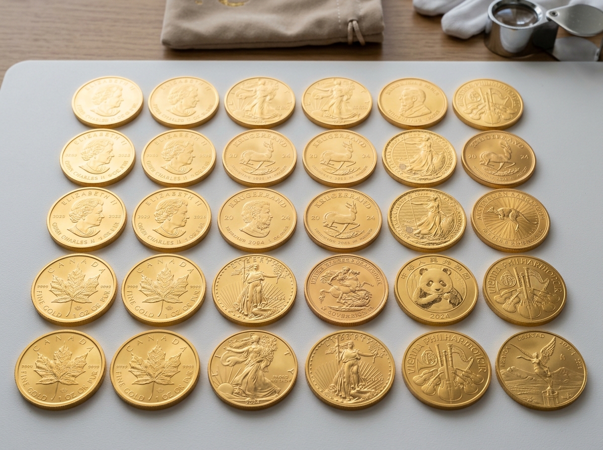 Various sovereign bullion coins including American Eagles and Canadian Maple Leafs - Investing in precious metals