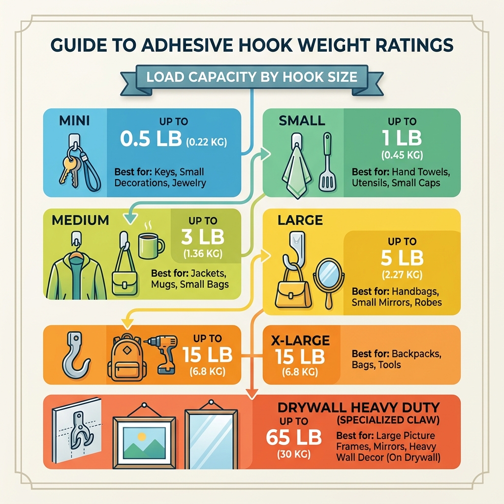 Infographic showing weight ratings for adhesive hook sizes from mini to drywall heavy duty - adhesive hooks heavy duty