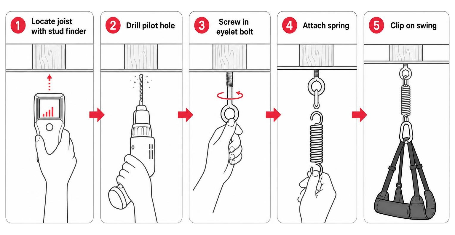 Diagram showing step-by-step ceiling installation: locate joist with stud finder, drill pilot hole, screw in eyelet bolt