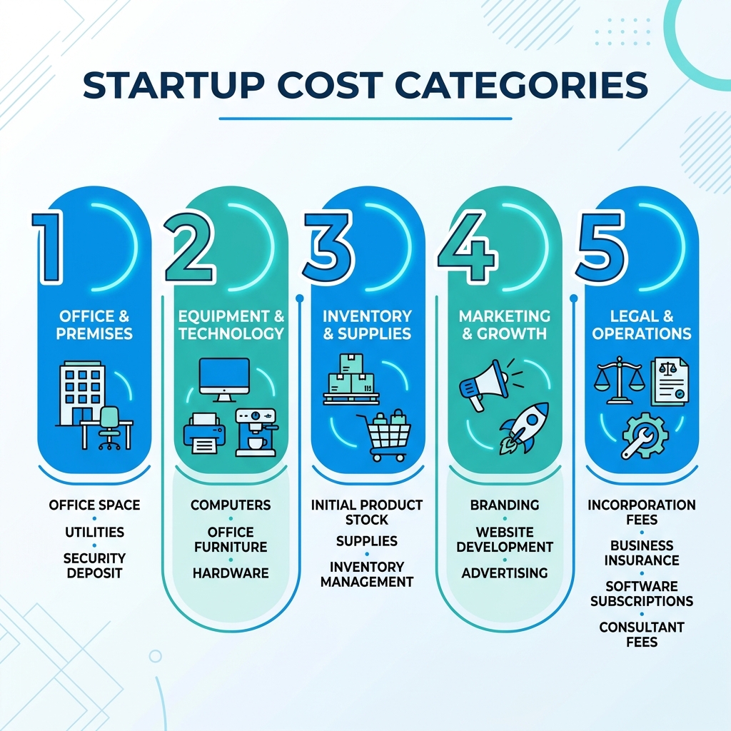 Breakdown of common startup costs by category for new businesses - new business expenses infographic Breakdown of common startup costs by category for new businesses - new business expenses infographic