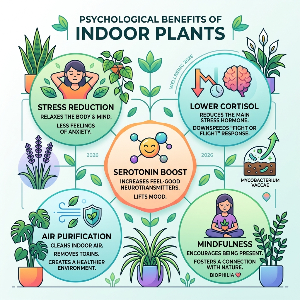 Infographic showing psychological benefits of indoor plants: stress reduction, lower cortisol, serotonin boost, air