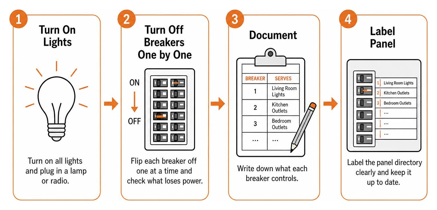 Process diagram showing step-by-step circuit mapping: turn on lights, turn off breakers one by one, document, and label panel Process diagram showing step-by-step circuit mapping: turn on lights, turn off breakers one by one, document, and label panel