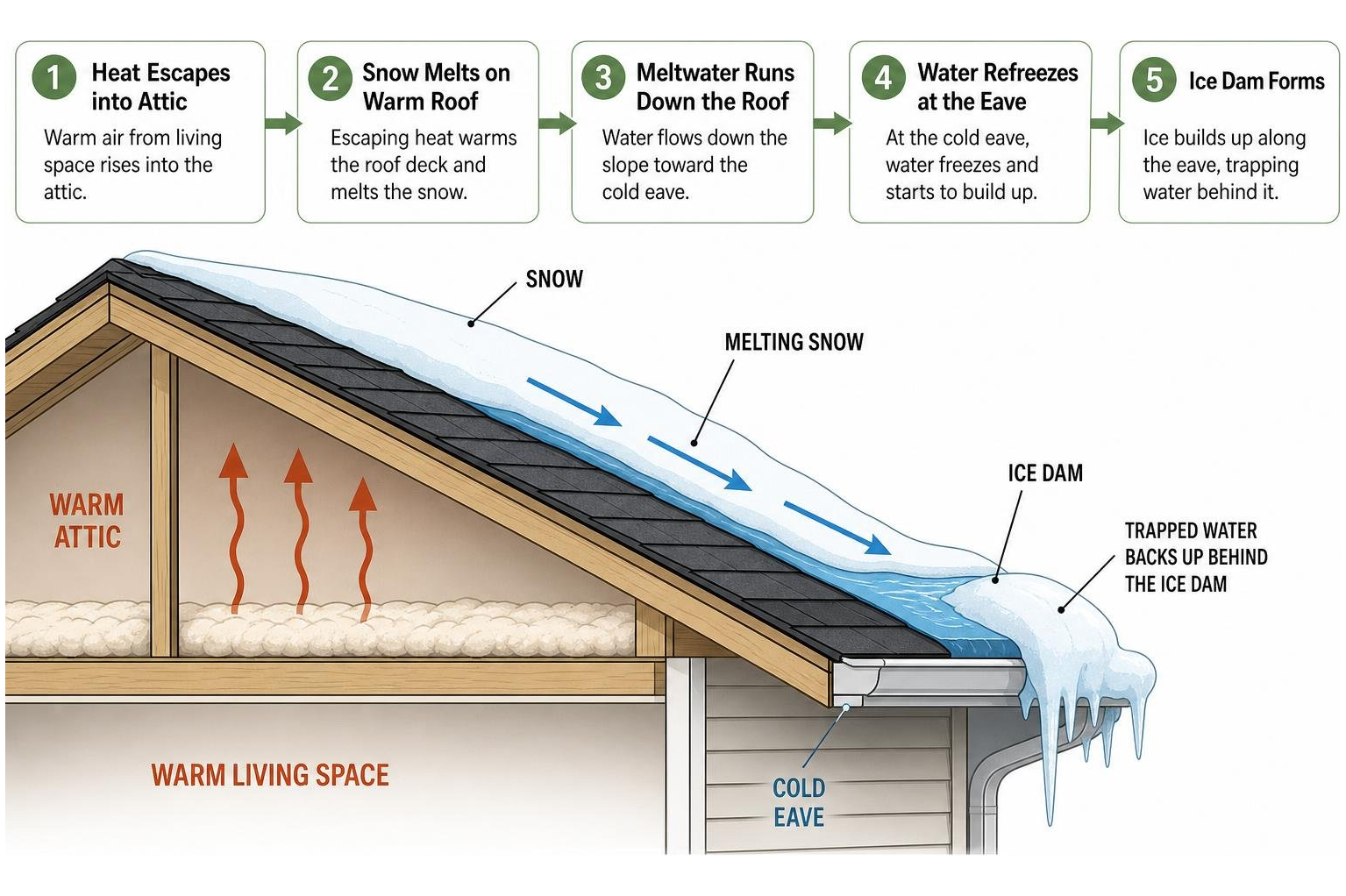 Diagram showing how escaping attic heat melts snow to form ice dams at the cold roof eave Diagram showing how escaping attic heat melts snow to form ice dams at the cold roof eave