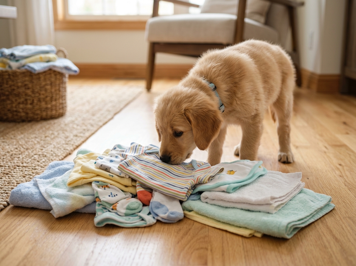 Small puppy curiously sniffing a pile of freshly washed baby clothes - how introduce puppy to baby Small puppy curiously sniffing a pile of freshly washed baby clothes - how introduce puppy to baby