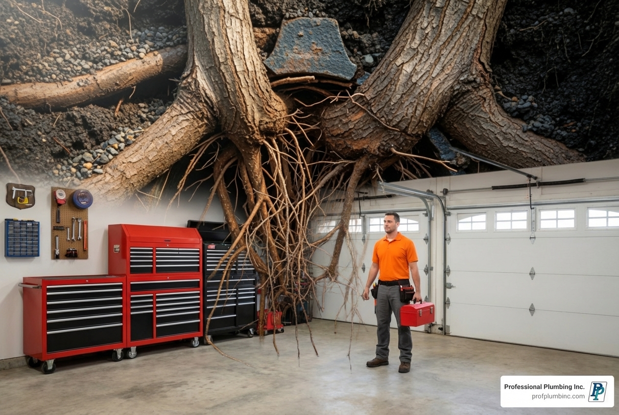 Tree roots aggressively invading a cracked sewer pipe, causing a significant blockage. - Clogged drain Newport Beach Tree roots aggressively invading a cracked sewer pipe, causing a significant blockage. - Clogged drain Newport Beach