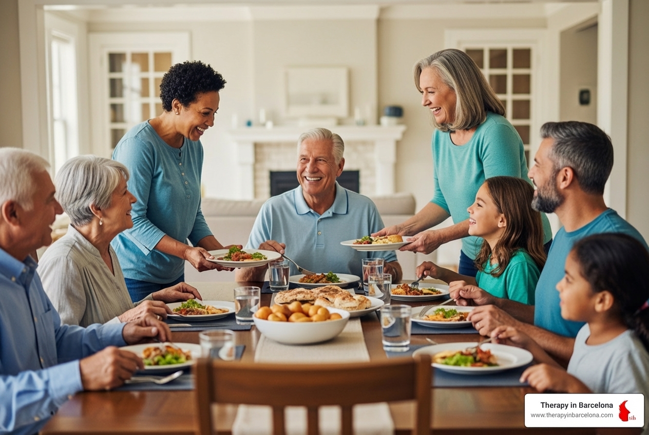 Diverse family sharing a meal, representing collectivist values - cross cultural counselling