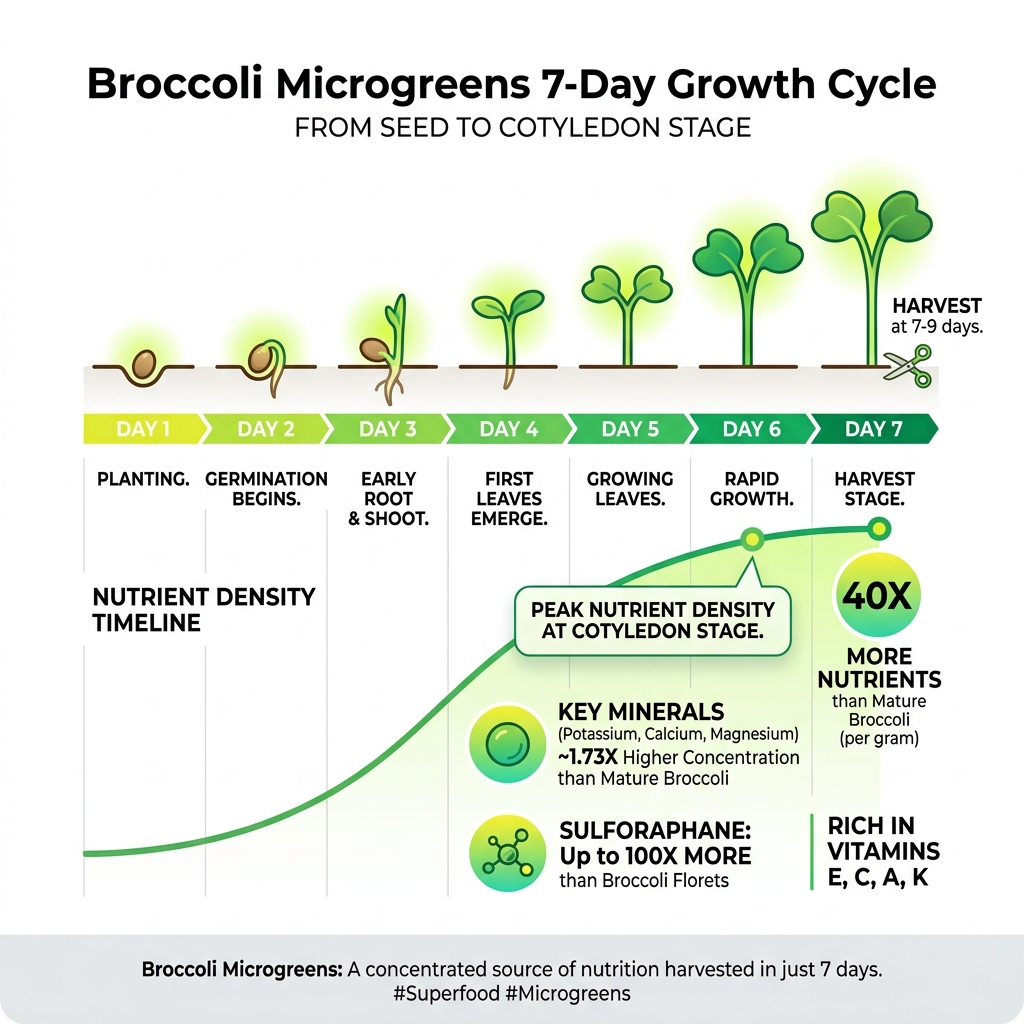 Broccoli microgreens 7-day growth cycle from seed to cotyledon stage with nutrient density timeline - broccoli microgreens