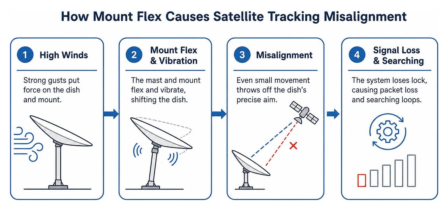 Diagram illustrating how mount flex causes satellite tracking misalignment Diagram illustrating how mount flex causes satellite tracking misalignment