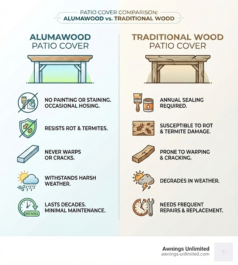 Infographic comparing Alumawood versus traditional wood patio covers showing key differences: Alumawood requires no painting or staining, resists rot and termites, never warps or cracks, withstands harsh weather, and lasts decades with minimal maintenance; traditional wood requires annual sealing, susceptible to rot and termite damage, prone to warping and cracking, degrades in weather, and needs frequent repairs and replacement - Alumawood patio cover infographic Infographic comparing Alumawood versus traditional wood patio covers showing key differences: Alumawood requires no painting or staining, resists rot and termites, never warps or cracks, withstands harsh weather, and lasts decades with minimal maintenance; traditional wood requires annual sealing, susceptible to rot and termite damage, prone to warping and cracking, degrades in weather, and needs frequent repairs and replacement - Alumawood patio cover infographic