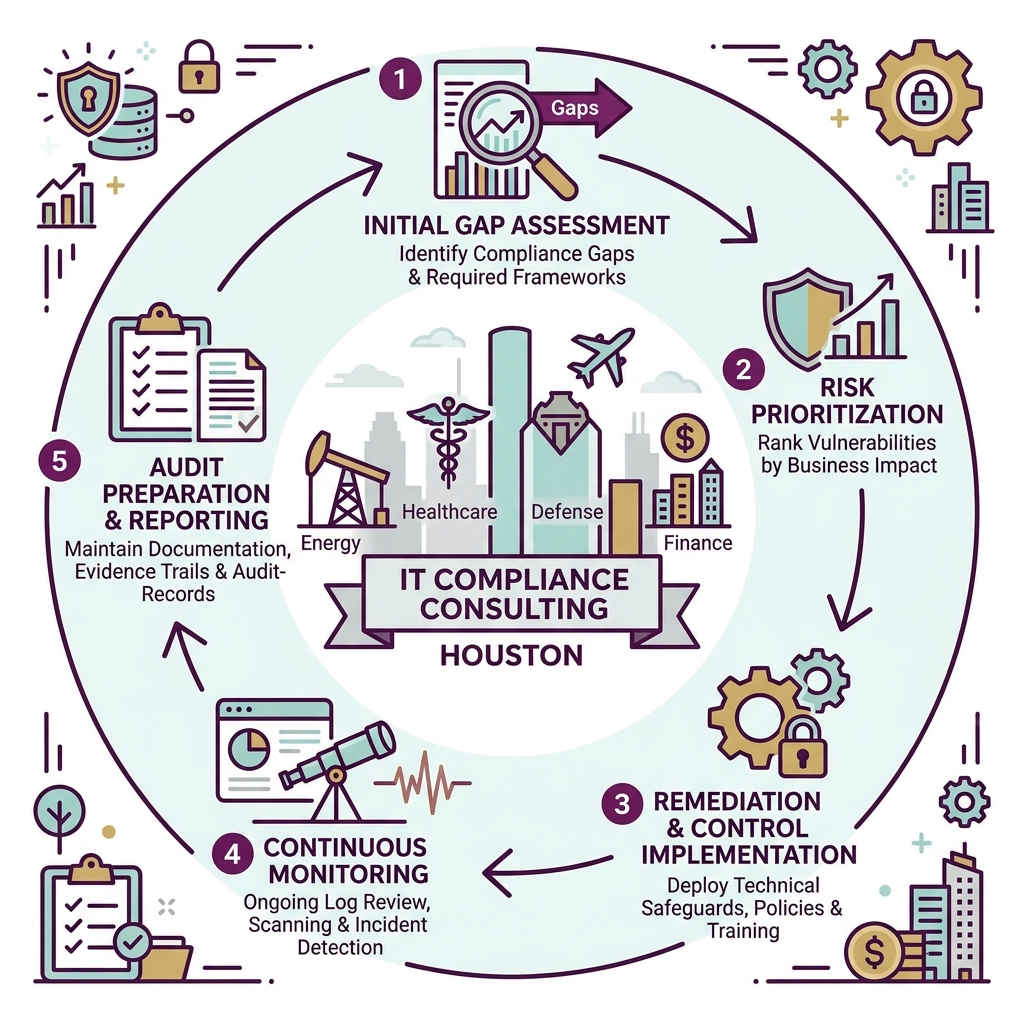 IT compliance lifecycle infographic showing five stages: 1) Initial Gap Assessment - identify current compliance gaps against required frameworks, 2) Risk Prioritization - rank vulnerabilities by business impact, 3) Remediation & Control Implementation - deploy technical safeguards, policies, and training, 4) Continuous Monitoring - ongoing log review, vulnerability scanning, and incident detection, 5) Audit Preparation & Reporting - maintain documentation, evidence trails, and audit-ready records; with Houston industry icons for healthcare, energy, finance, and defense surrounding the cycle - it compliance consulting houston infographic roadmap-5-steps