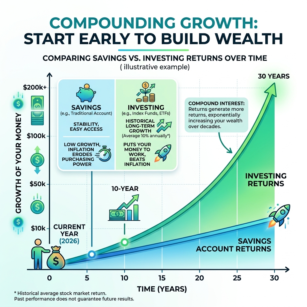 Infographic showing compounding growth over time for beginner investors, comparing savings vs. investing returns - best
