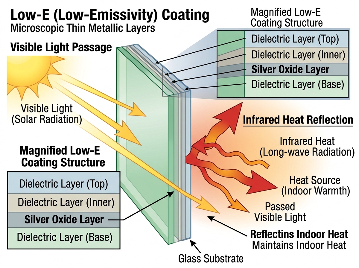 Diagram showing Low-E coating layers reflecting infrared heat while allowing visible light - energy efficient glass for Diagram showing Low-E coating layers reflecting infrared heat while allowing visible light - energy efficient glass for