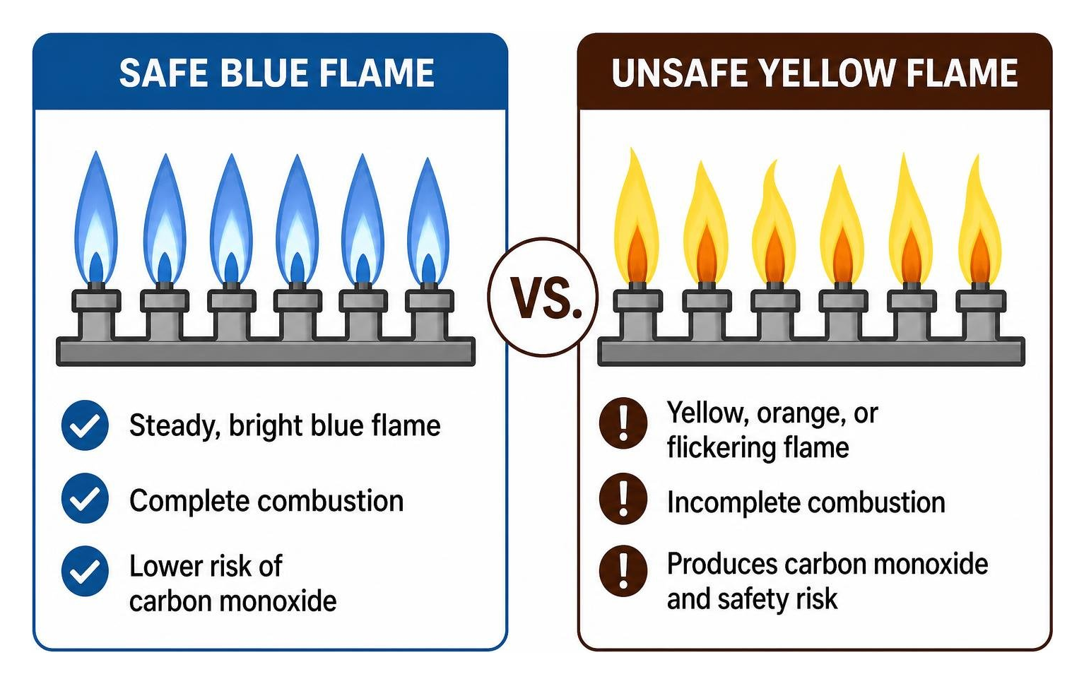Comparison diagram of a safe blue furnace flame versus an unsafe yellow flame