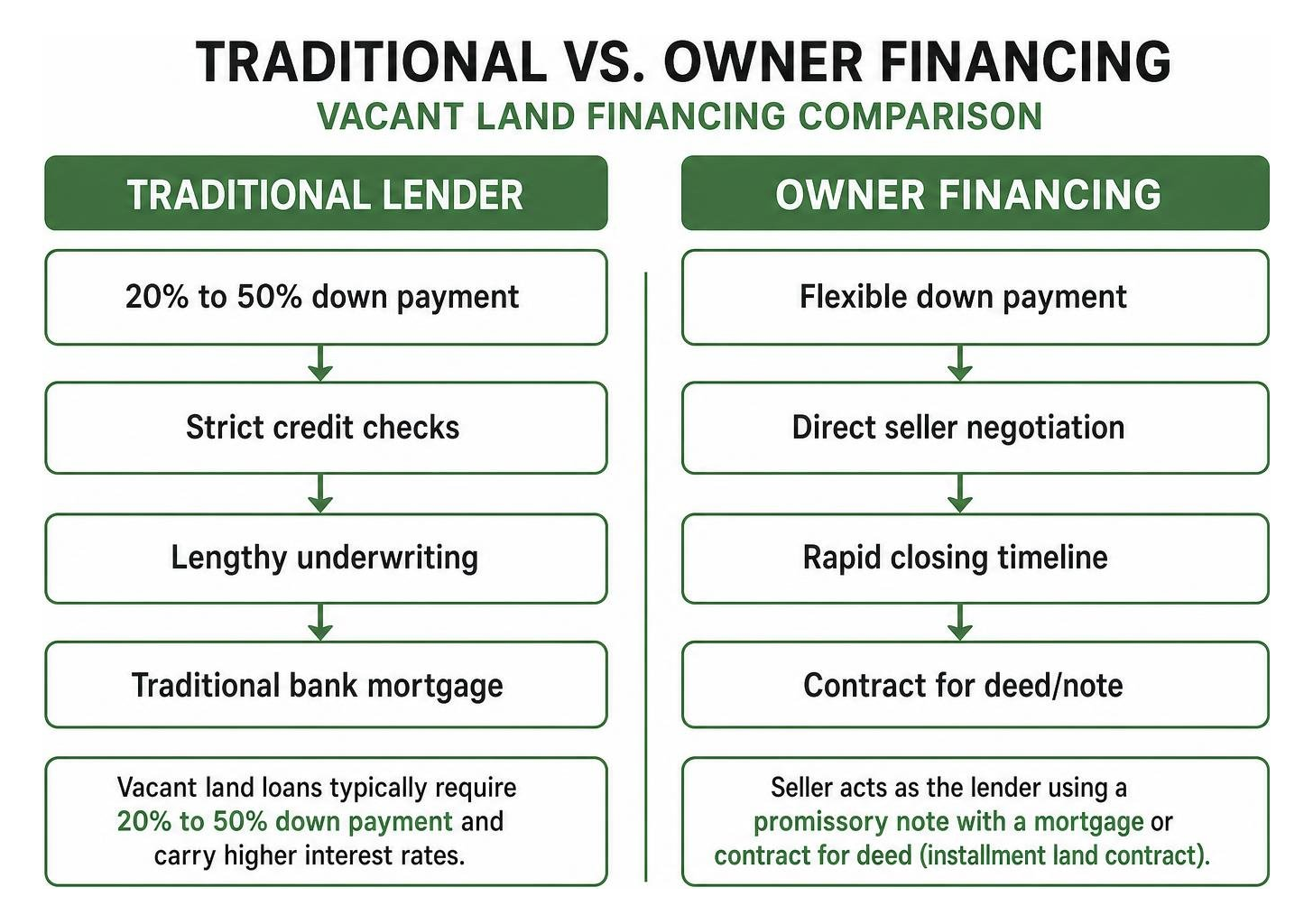 Comparison between traditional vacant land financing and owner financing structures Comparison between traditional vacant land financing and owner financing structures