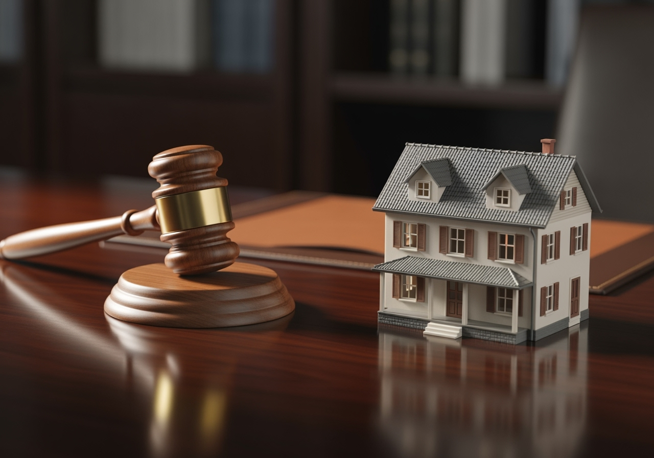A judge's gavel next to a model of a house on a desk, symbolizing legal challenges in reverse mortgages like foreclosure.