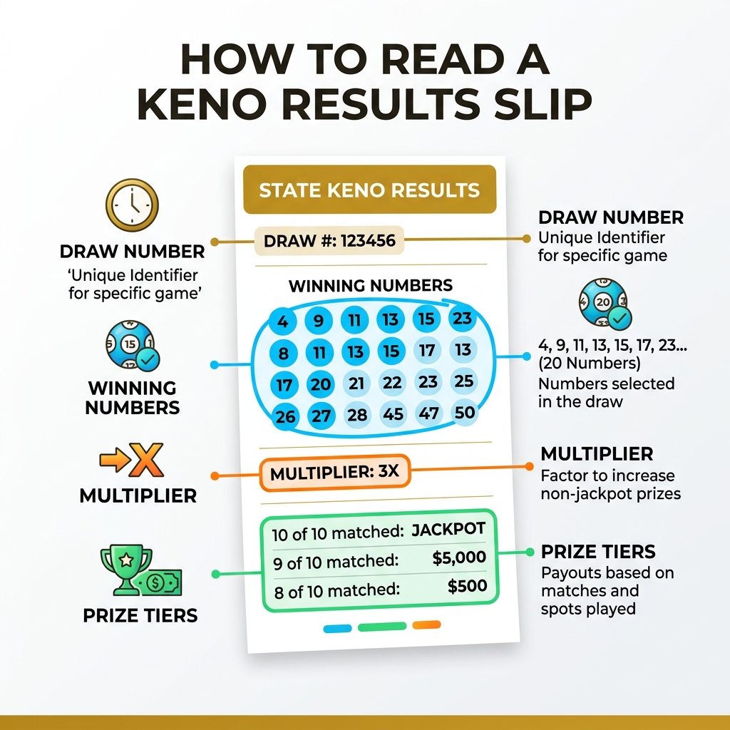Infographic showing how to read a Keno results slip with draw number, winning numbers, multiplier, and prize tiers labeled