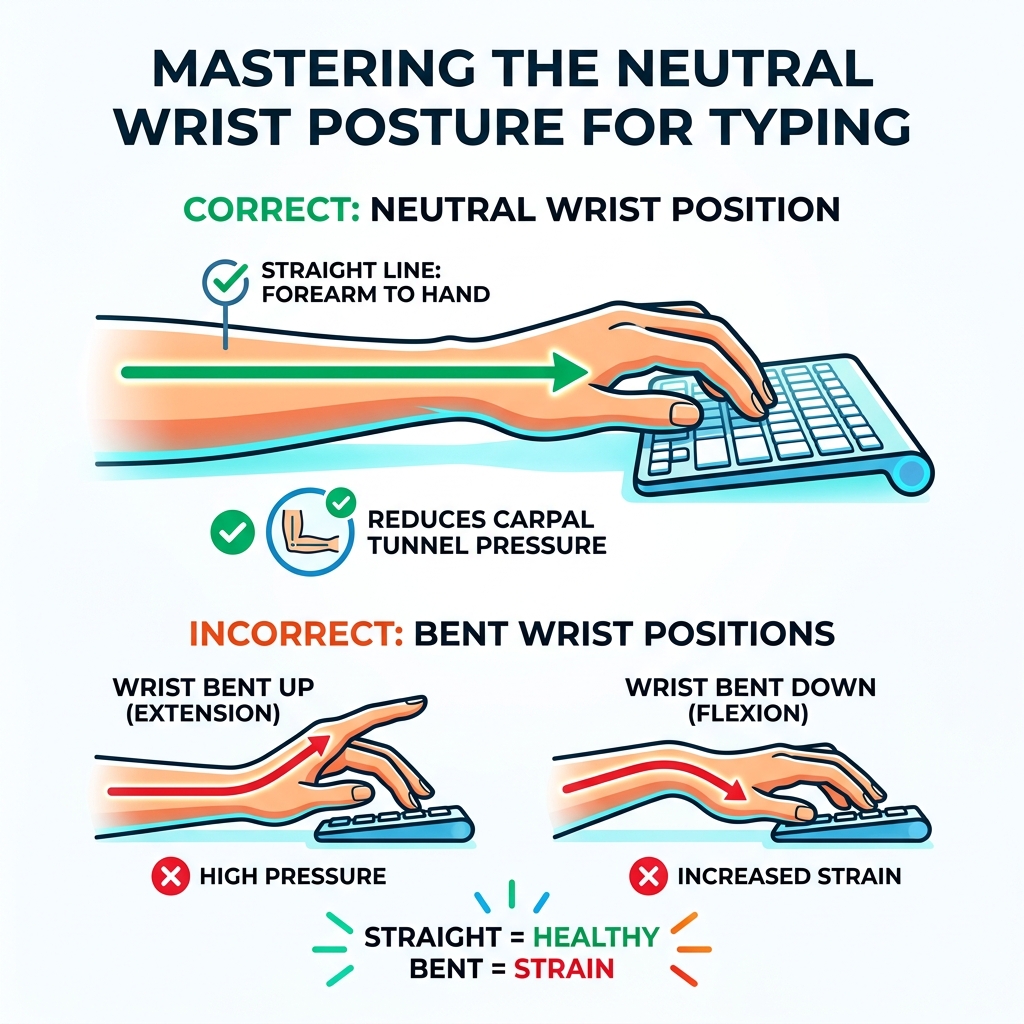 Infographic showing the straight-line rule from forearm to hand for neutral wrist typing posture - neutral wrist position