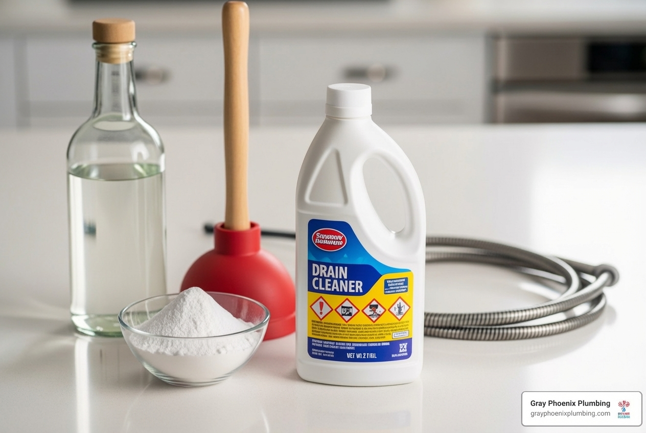 various drain cleaning options: a generic chemical bottle, baking soda & vinegar, a plunger, and a drain snake - blocked drain cleaner