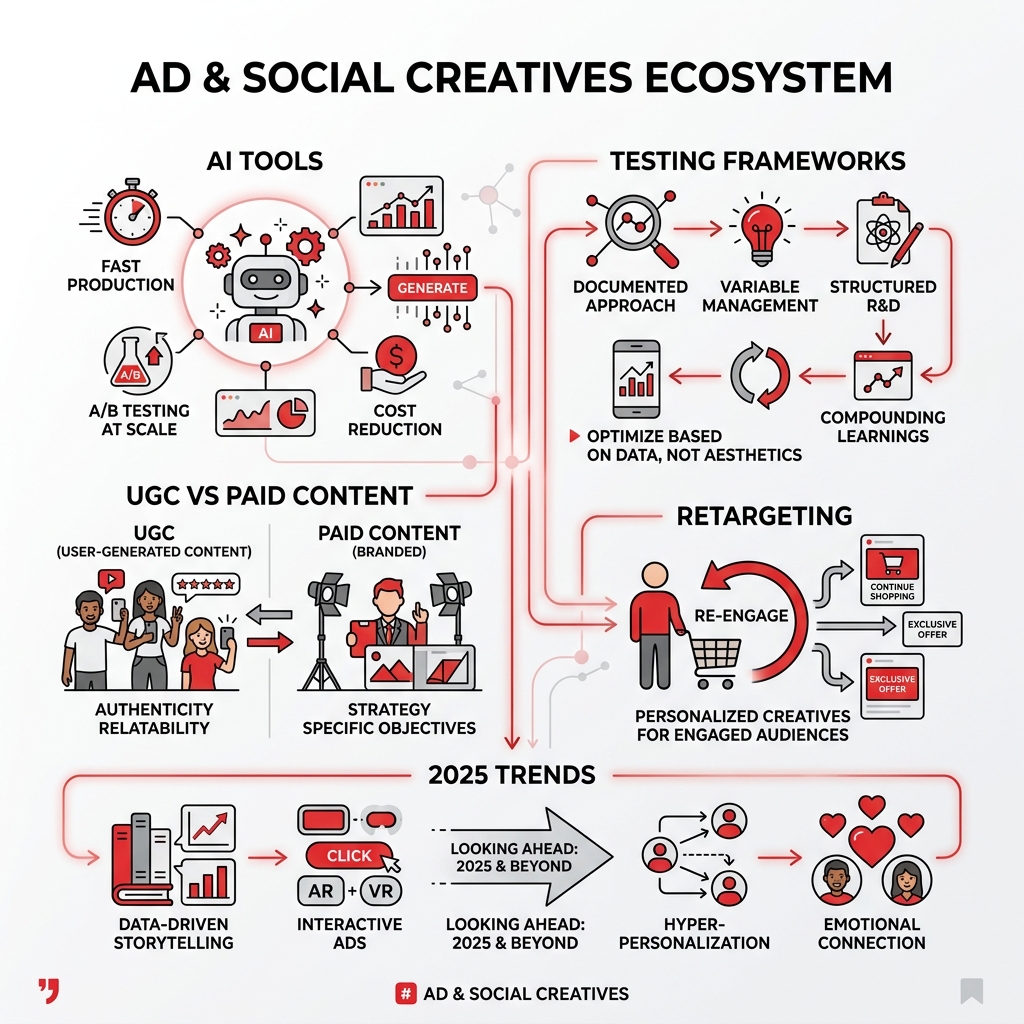 Infographic showing the ad and social creatives ecosystem: AI tools, testing frameworks, UGC vs paid content, retargeting