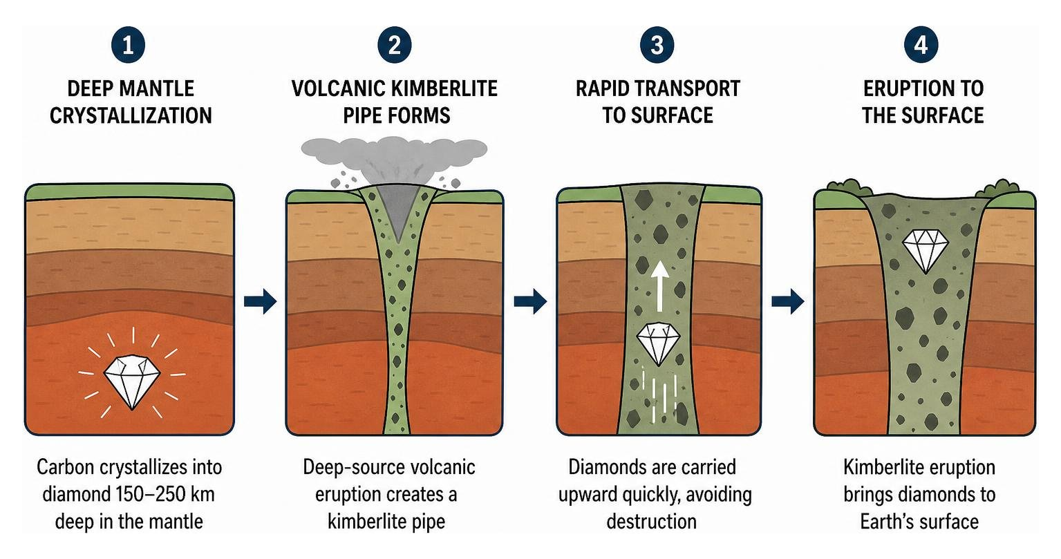Deep mantle crystallization volcanic kimberlite pipe transport to surface