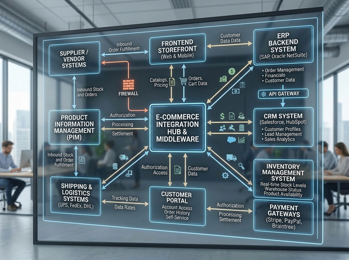 Complex B2B system architecture showing the flow between storefront and back-office systems - b2b ecommerce development