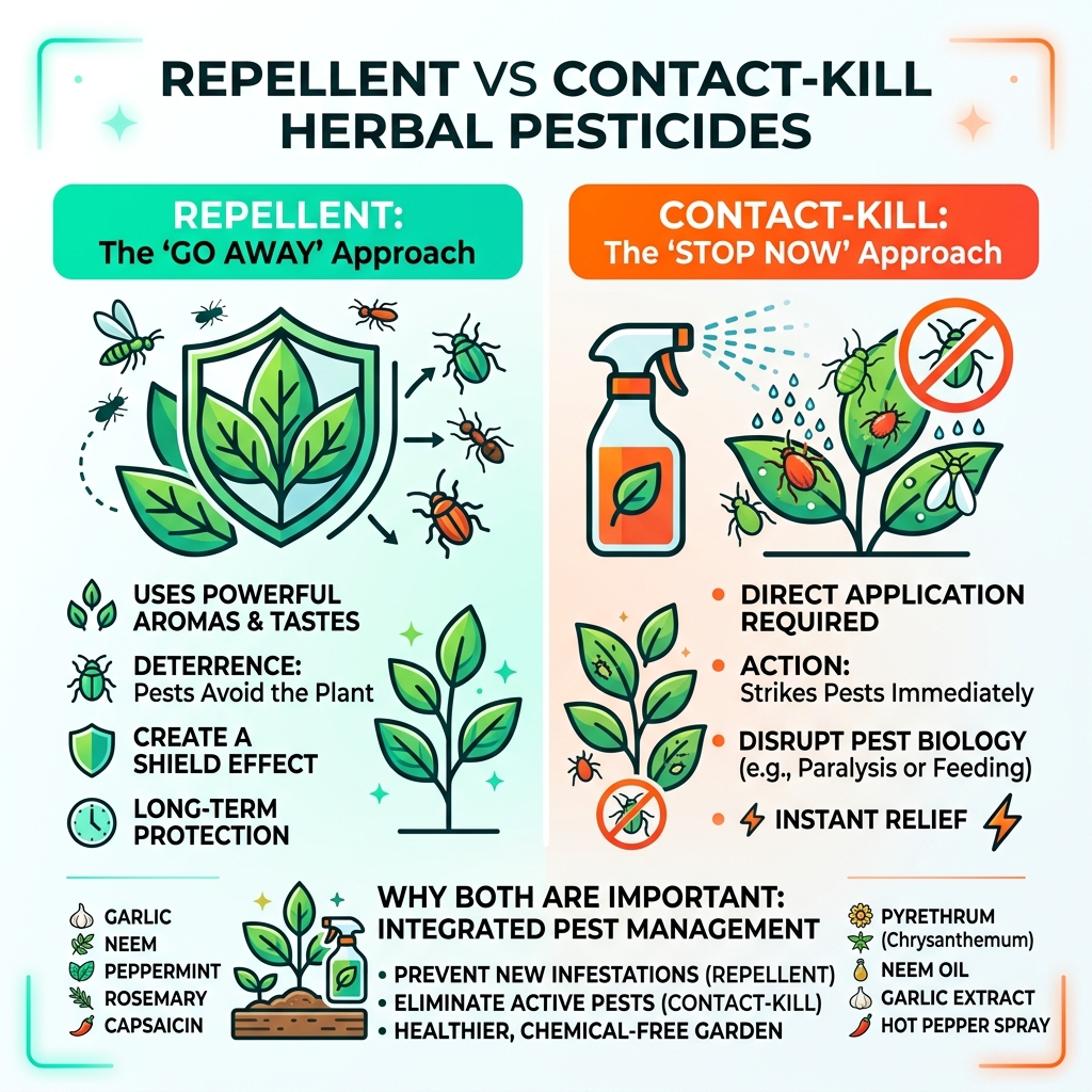 Infographic comparing repellent vs contact-kill herbal pesticides for garden plants - herbal pesticide for plants