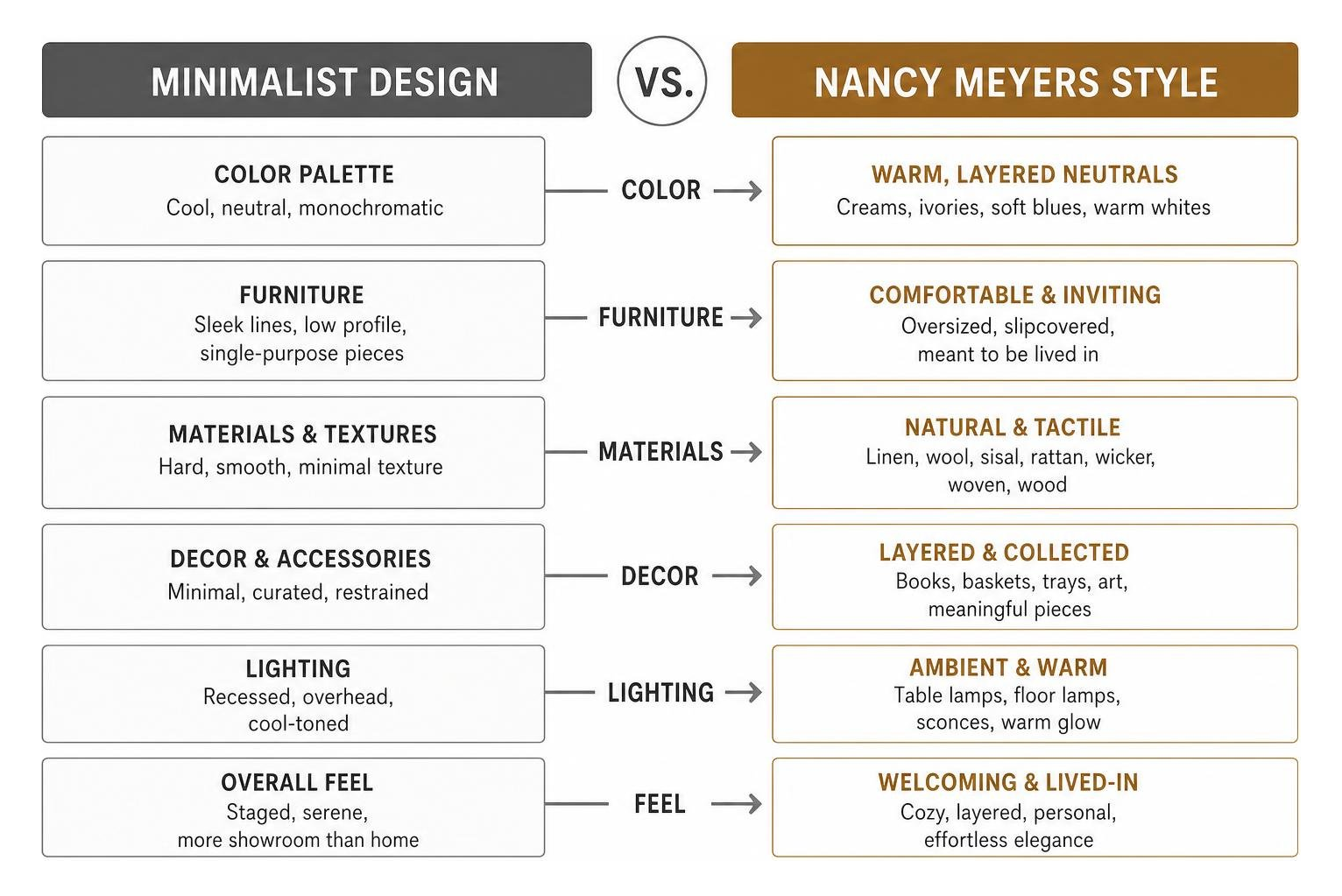 Minimalist Design vs. Nancy Meyers Style Comparison