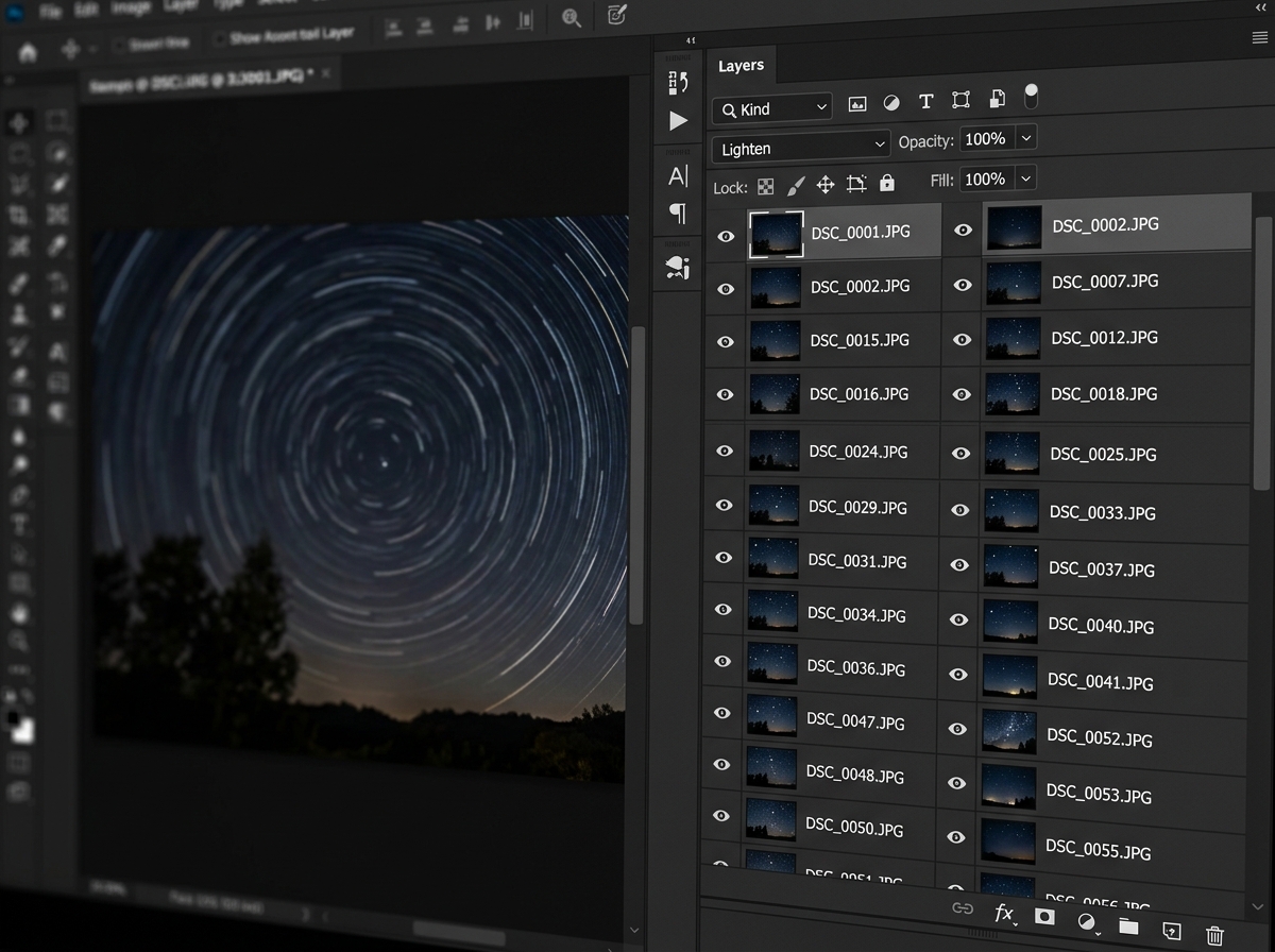Photoshop Layers panel showing multiple layers set to Lighten blend mode - Photoshop star trail composite