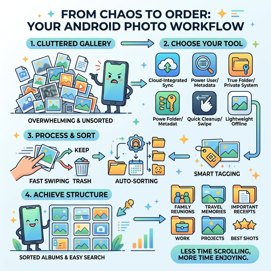 Photo organization workflow from cluttered gallery to sorted albums by app type - best photo organizer android infographic 