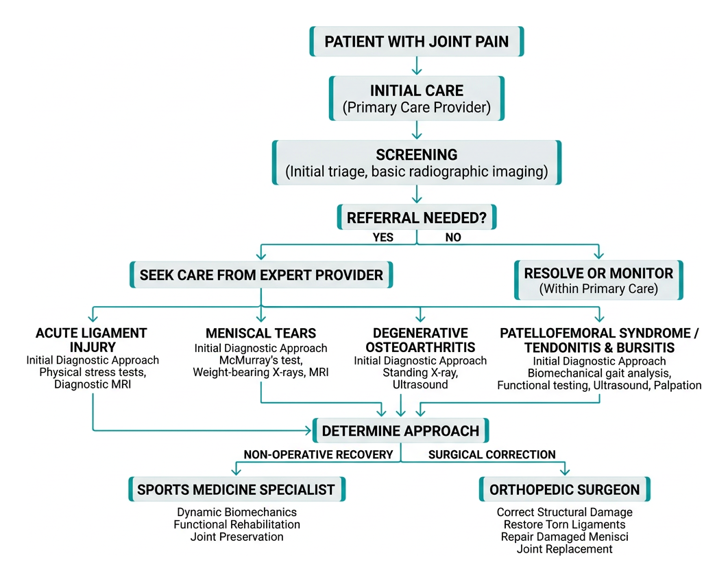 Diagnostic and treatment decision framework for joint pain specialist selection