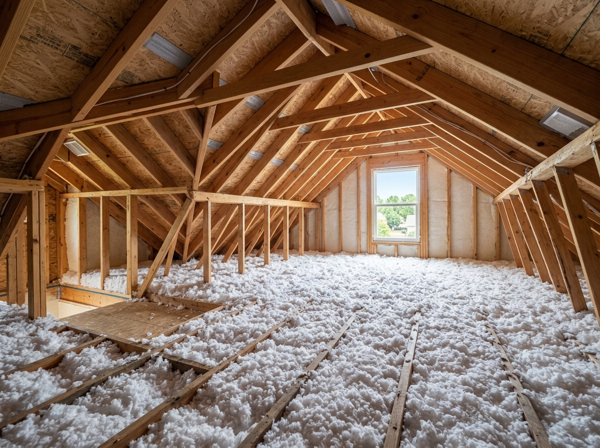 A clean, well-insulated attic space with thick layers of white fiberglass insulation - attic insulation guide