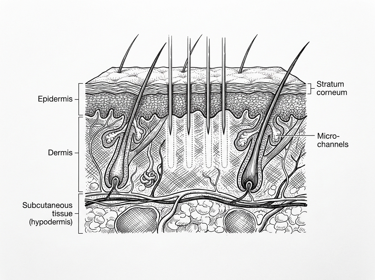 A cross-section of skin showing micro-conduits created by microneedles - dermaroller for scars