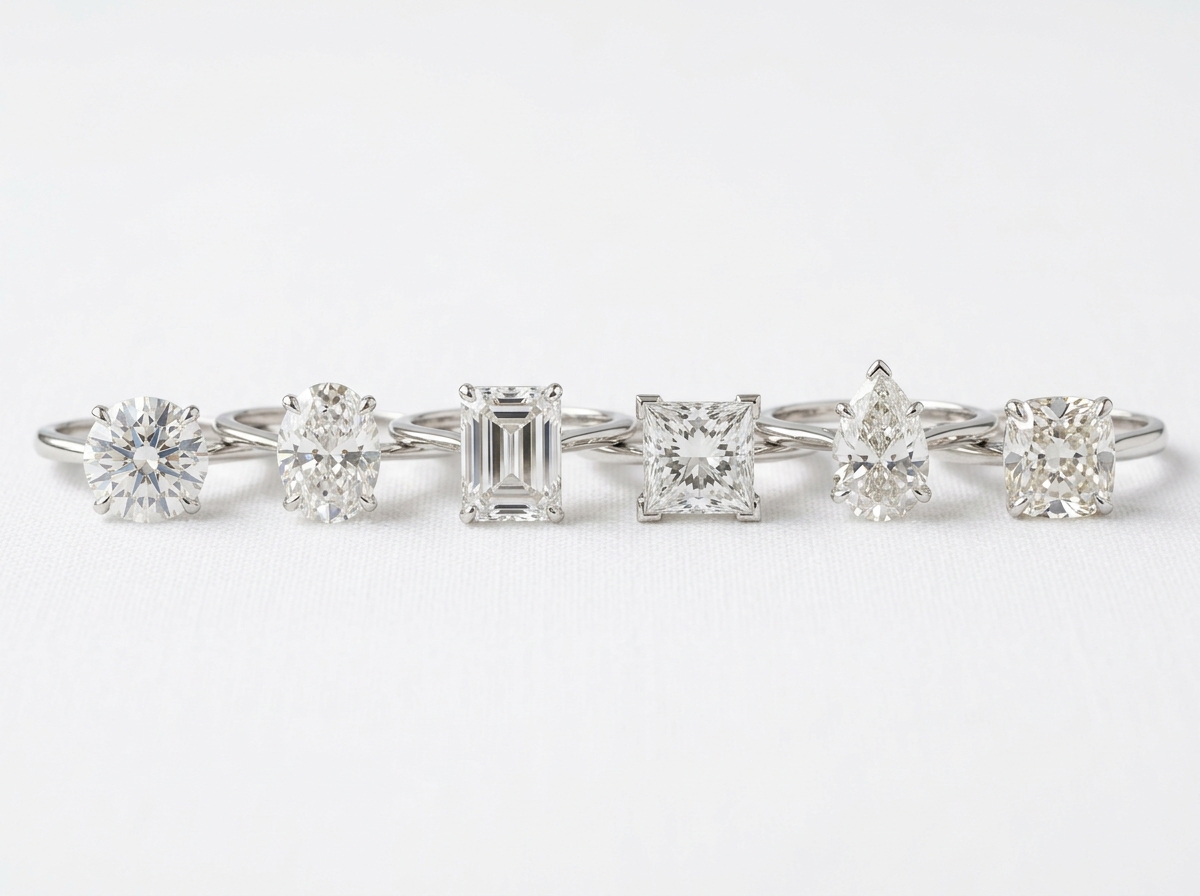 Comparison of various diamond shapes: Round, Oval, Emerald, Princess, Pear, and Cushion - Solitaire diamond ring