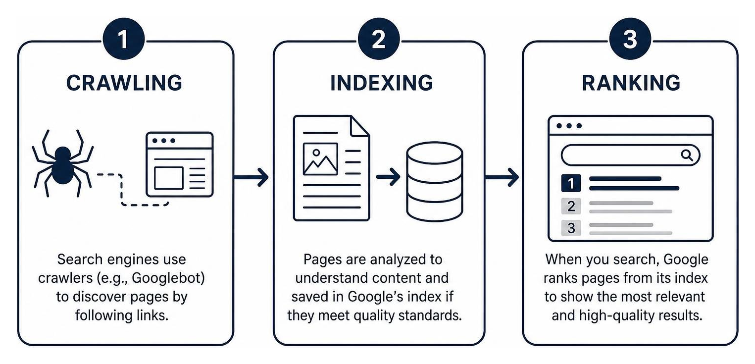 Search engine crawler process diagram mapping crawling indexing and ranking Search engine crawler process diagram mapping crawling indexing and ranking