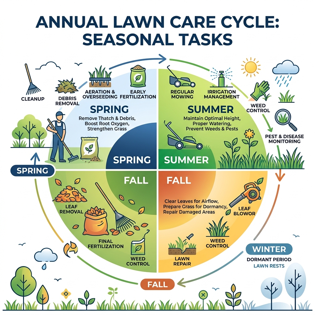 Annual lawn care cycle infographic showing seasonal tasks from spring cleanup to fall leaf removal - lawn maintenance Annual lawn care cycle infographic showing seasonal tasks from spring cleanup to fall leaf removal - lawn maintenance