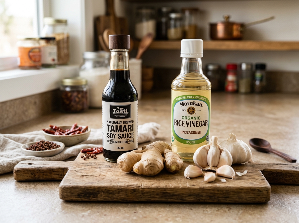 Healthy pantry staples like soy sauce, ginger, garlic, and rice vinegar on a wooden board - low fat stir fry sauce Healthy pantry staples like soy sauce, ginger, garlic, and rice vinegar on a wooden board - low fat stir fry sauce