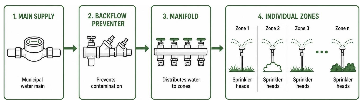 Diagram showing the sequential flow of water from main supply to backflow preventer, manifold, and individual zones Diagram showing the sequential flow of water from main supply to backflow preventer, manifold, and individual zones