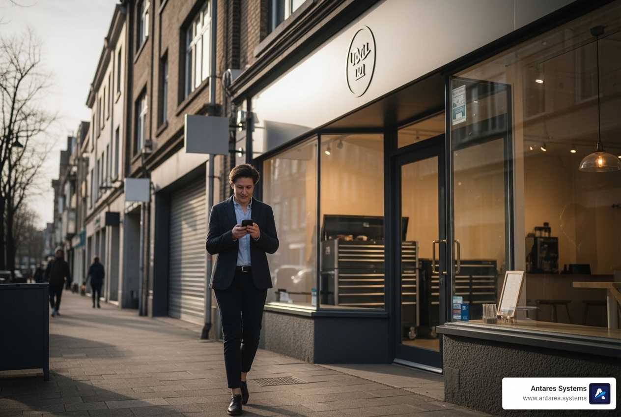 Local business storefront with a customer entering from their phone, illustrating local search success - texas web designer