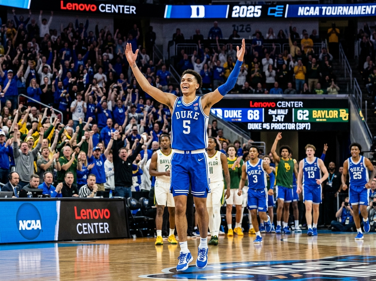 Tyrese Proctor celebrating a three-pointer during the Duke vs Baylor men's 2025 tournament game - duke vs baylor