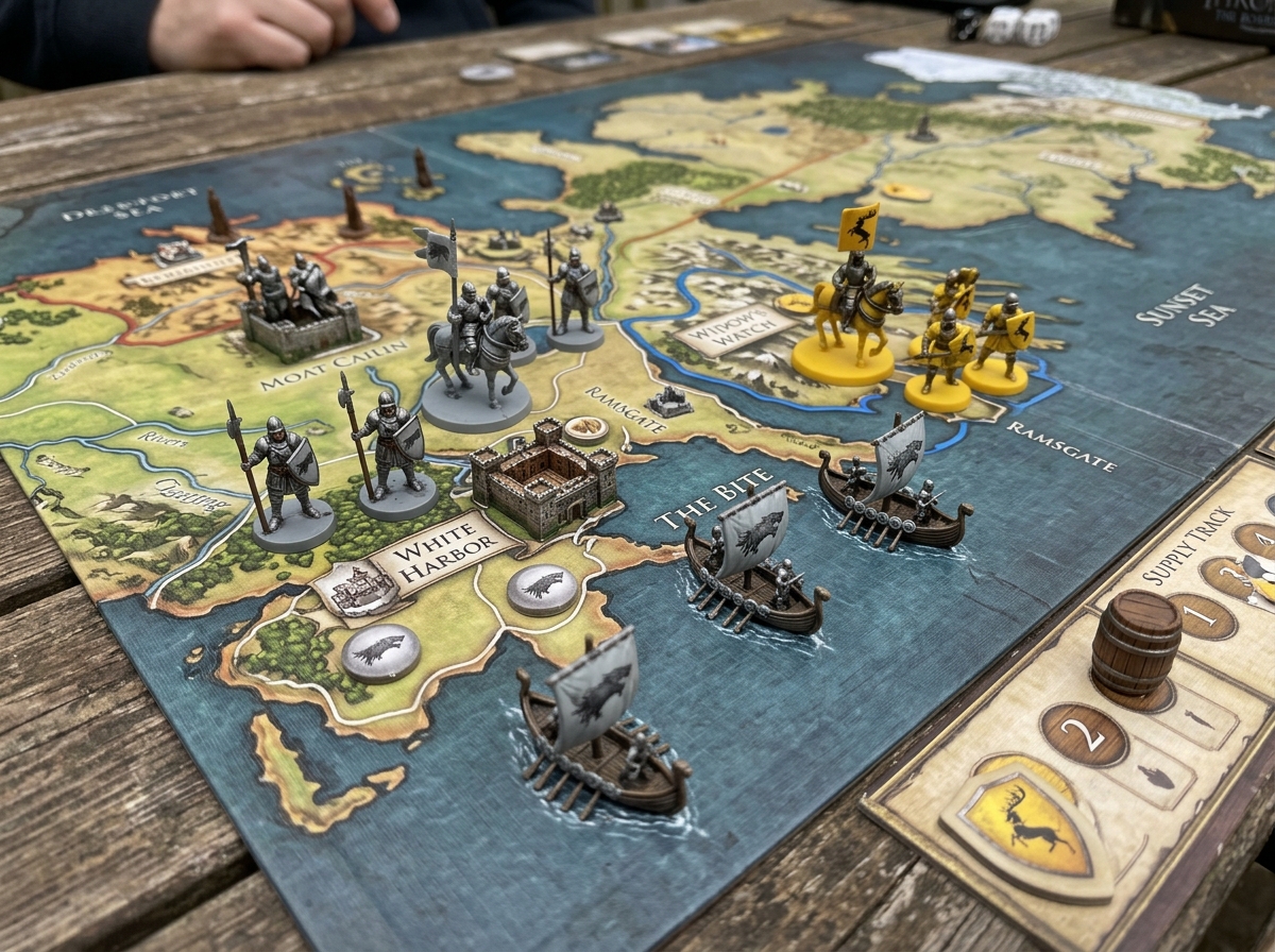 miniature units on the Westeros map showing knights, footmen, and ships - game of thrones board game strategy