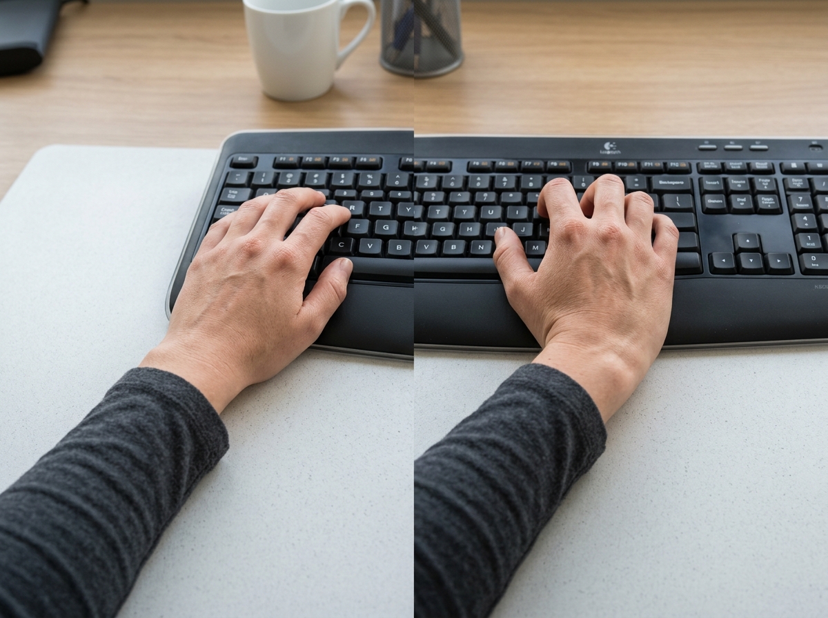 Comparison of a neutral wrist in a straight line versus an extended wrist bent upward - neutral wrist position keyboard