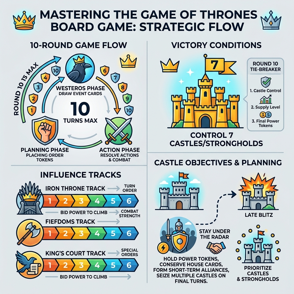 10-round game flow, victory conditions, influence tracks, and castle objectives for Game of Thrones board game - game of