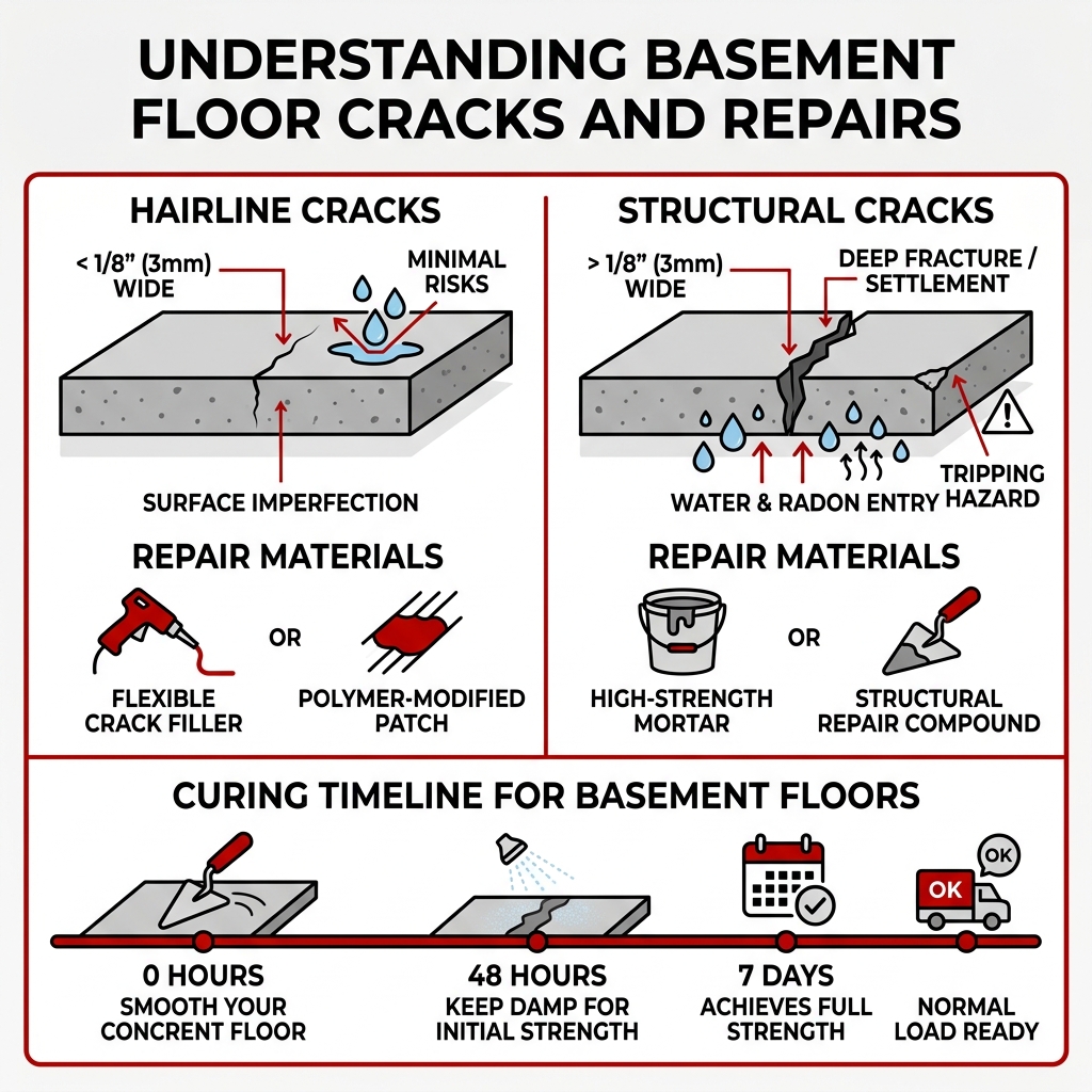 Infographic showing hairline cracks vs structural cracks, repair materials, and curing timeline for basement floors - repair
