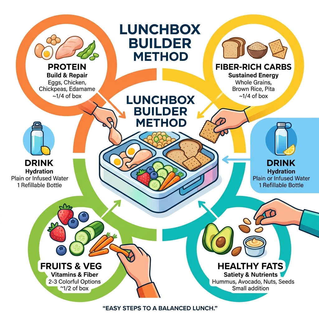 Lunchbox Builder method infographic showing protein, carbs, fruits and veggies, healthy fats, and water - balanced lunch box Lunchbox Builder method infographic showing protein, carbs, fruits and veggies, healthy fats, and water - balanced lunch box