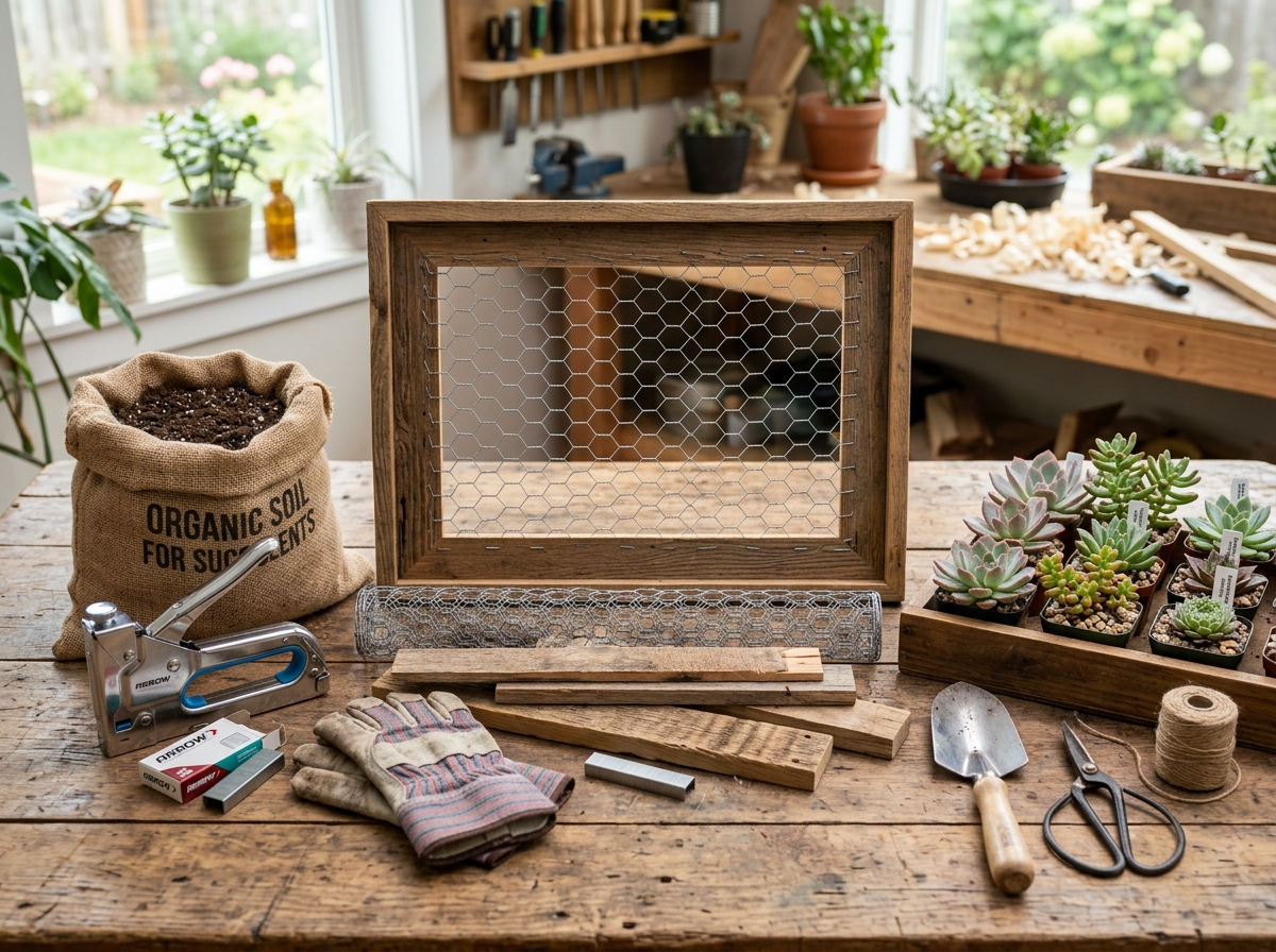 DIY materials and tools for a succulent wall planter including frame, wire, and soil - vertical succulent wall planters