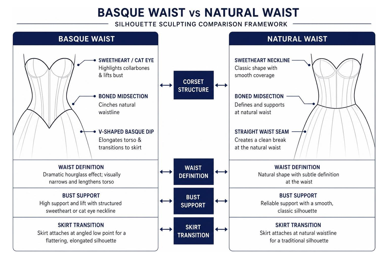 Comparison framework of basque waist vs natural waist silhouette sculpting
