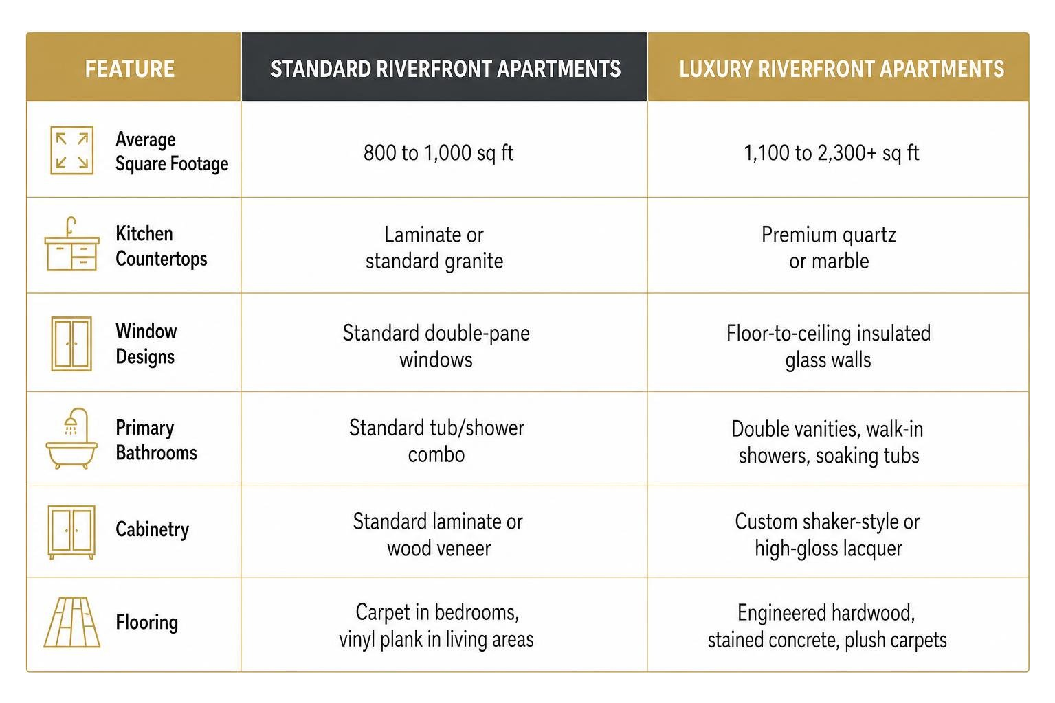 Comparison diagram showing standard vs luxury apartment layouts Comparison diagram showing standard vs luxury apartment layouts