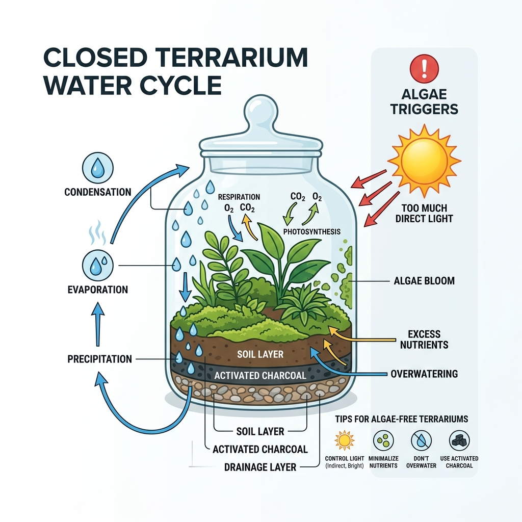 Closed terrarium water cycle and gas exchange showing evaporation, condensation, and algae triggers - easy algae free